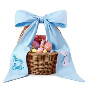 Maysing Embroidery Easter Basket Bow Happy Easter Bunny Bow 11.8 x 19.7 Inch Blue Cotton Bows for Wreaths Baskets Tree Decorations for Spring Home Front Door Outdoor