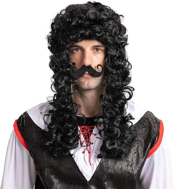 Spooktacular Creations Men's Black Pirate Wig with 1 Mustache Halloween Wig for Adults Cosplay Party Accessories