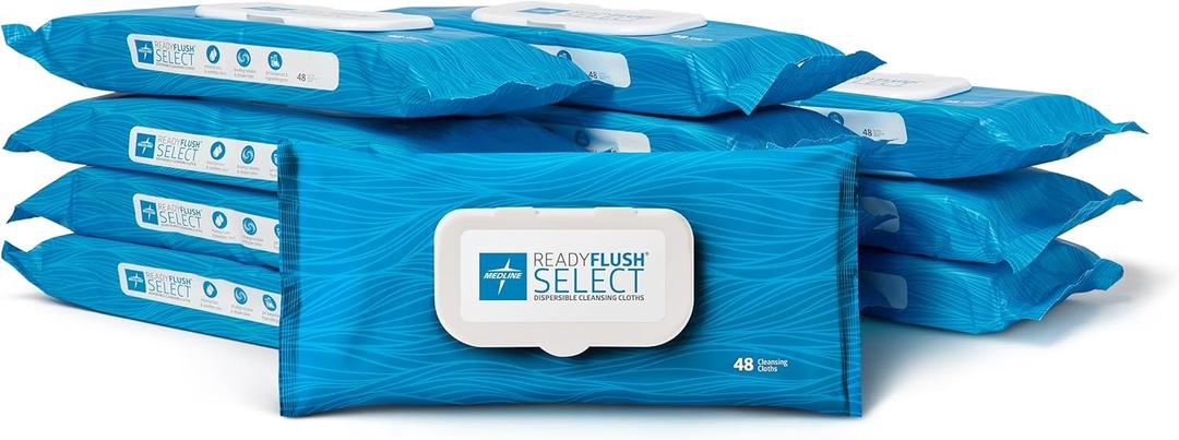 Medline ReadyFlush SELECT Flushable Wipes, 576 Wipes (48 Wipes, 12 Packs), Unscented, Biodegradable Flushable Incontinence Adult Wipes with Aloe, Hypoallergenic & pH-Balanced Personal Cleansing Cloths