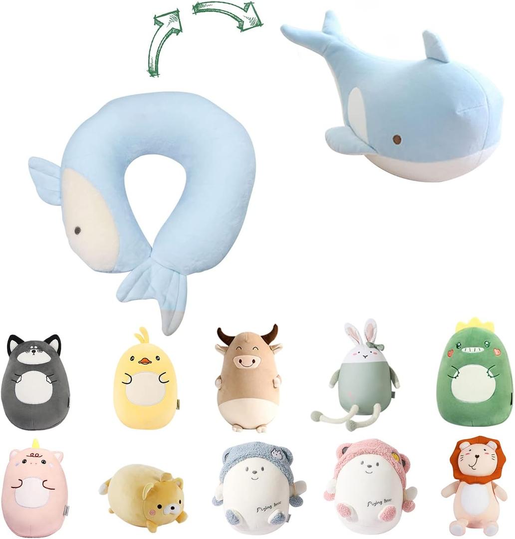 Kids Travel Pillow - 2-in-1 Deformable Kids Neck Pillow for Traveling, Soft U-Shaped Pillow with Adorable Animal Design, Comfy Sleep and Play, Ideal for Airplanes and Cars - Blue Whale