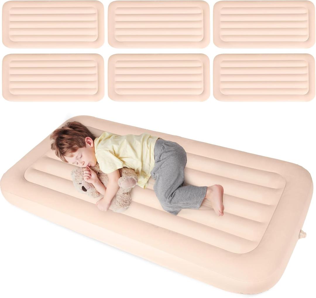 Geetery 6 Pcs Kids Air Mattress Toddler Inflatable Sleepover Airbed 55 x 27.6 x 8.7 Inch Foldable Comfort Flocked Blow up Bed with Patch Kit Portable Air Mattresses for Home Travel Camping Party, as shown