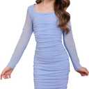 SOLY HUX Girl's Square Neck Long Sleeve Ruched Bodycon Mini Dress (Light Blue), 12 Years Old