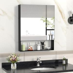 ANYHI 24'' x 30'' Bathroom Medicine Cabinet with Mirror, Aluminum Wall Mounted Bathroom Mirror with Storage, Adjustable Shelves, Surface Mount (Black)