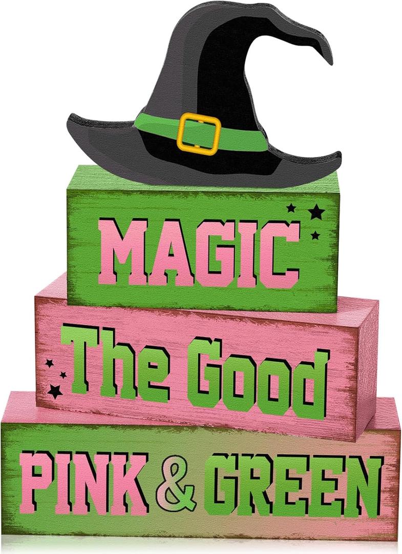4 Pcs Pink Green Party Decorations Witch and Princess Table Decor Witchy Hat Wooden Signs Farmhouse Pink Green Witch and Princess Table Centerpiece for Home Office Desk Shelf Party Decorations