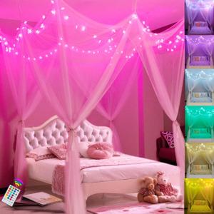 Obrecis White Bed Canopy with Starg Lights for Girls, 8 Corner Post Princess Canopy Bed Curtains with 100 LED Star Lights String Color Changing for Bedroom Decor Twin Full Queen King Bed