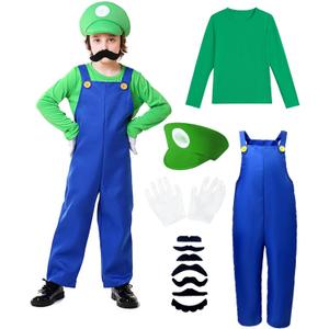 Halloween Costume Kids Plumber Jumpsuit with Hat Gloves Moustache Costume Accessories Set (Small(5-6 Years), Green)