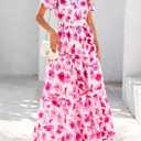 PRETTYGARDEN Women's 2026 Summer Boho Maxi Dresses Floral Short Sleeve V Neck A Line Tiered Flowy Long Beach Vacation Dress (White Pink Floral)