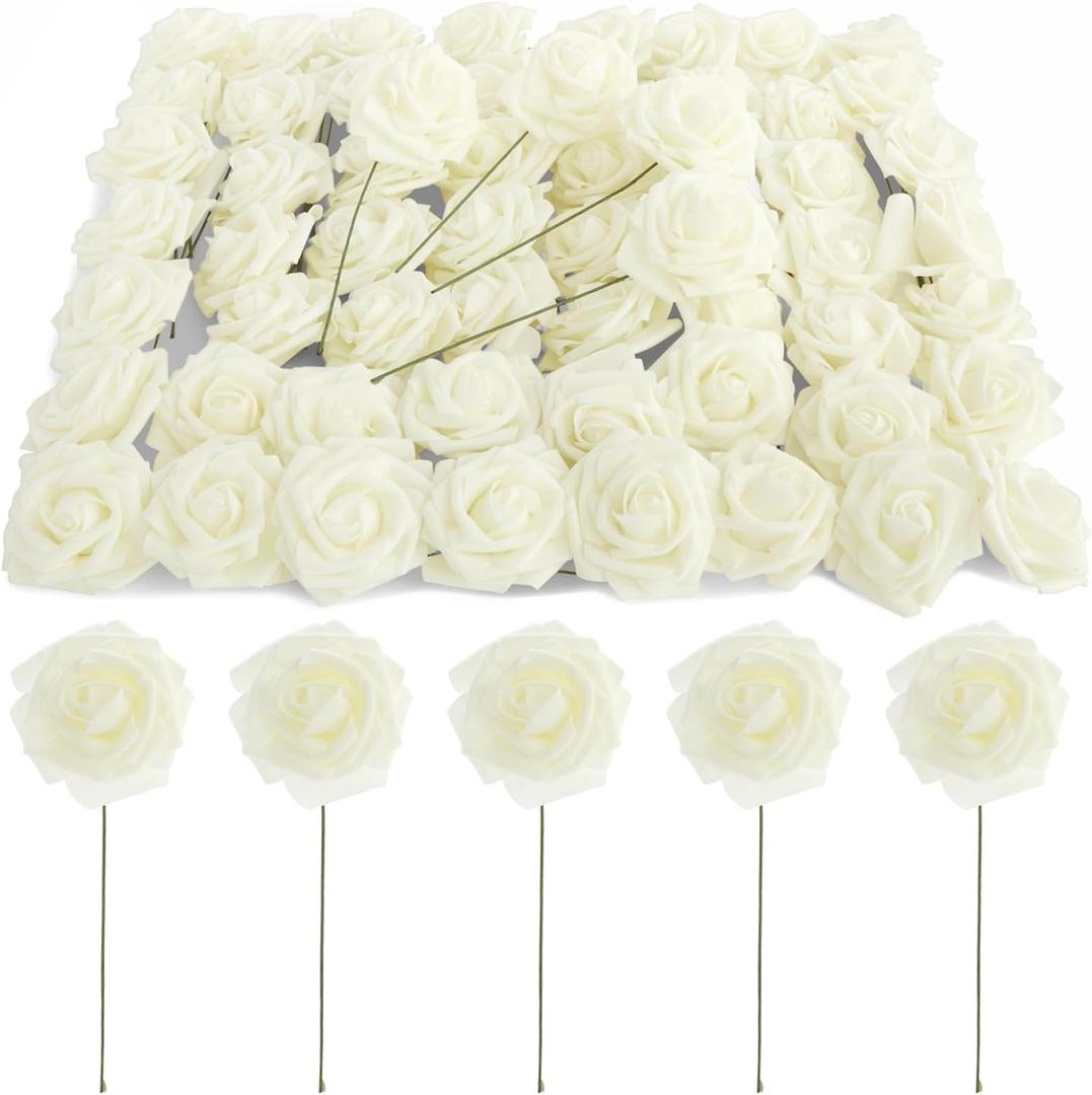 Bright Creations 3" Artificial Rose Flowers 60pcs Real Looking Fake Rose with Stem for DIY Wedding Bouquets and Bridal Shower, Cream