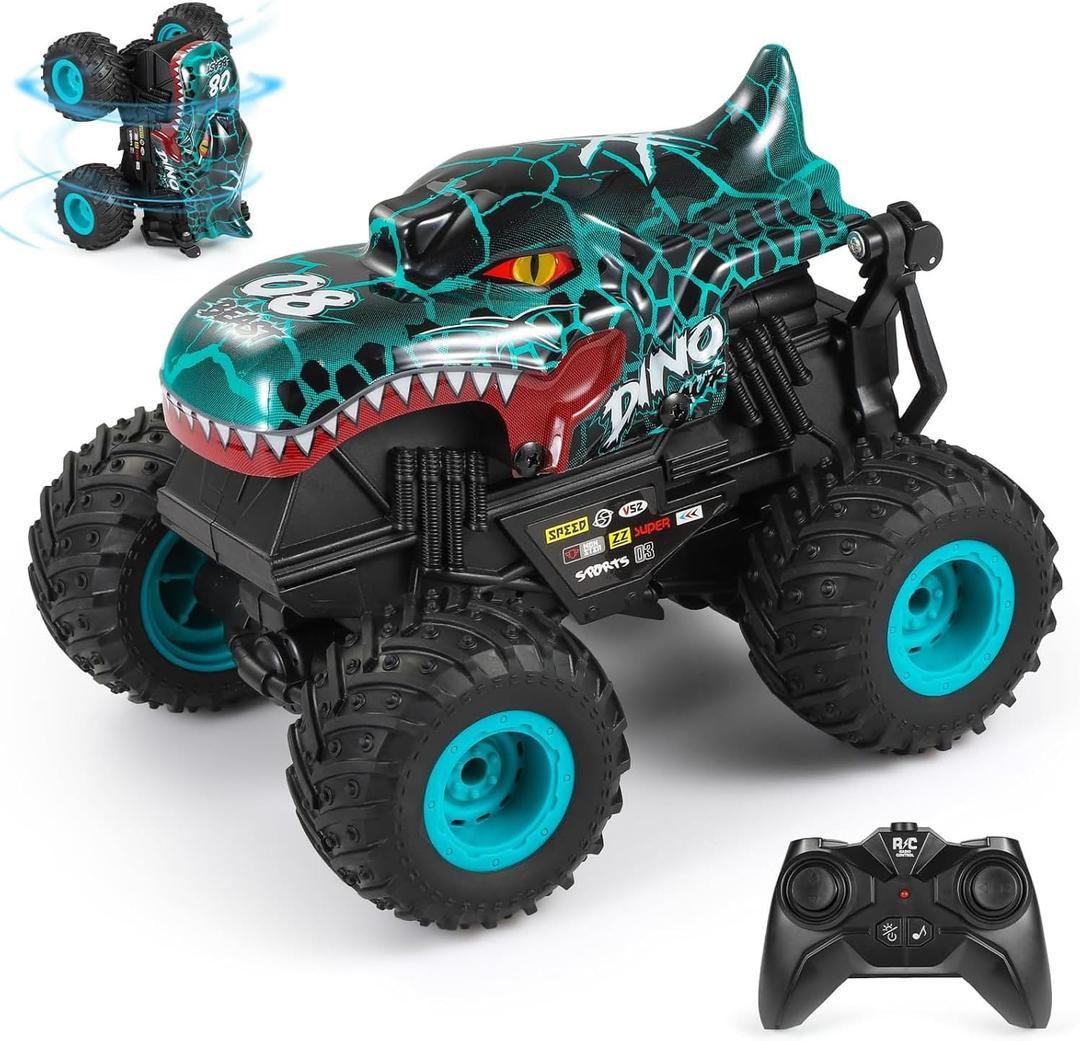 DYODYORC Remote Control Car, 2.4Ghz All Terrain Dinosaur Monster Truck Toys, RC Truck with Music, 3 Lighting Effects, 360 Stunt Capable, 2 Batteries Ready to Run, Toy Gifts for Boys and Girls (Cyan)