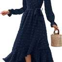 BTFBM Womens Boho Cocktail Maxi Dress Fall Fashion 2025 V Neck Long Sleeve Swiss Dot Flowy Slit Wedding Guest Dresses (Small)