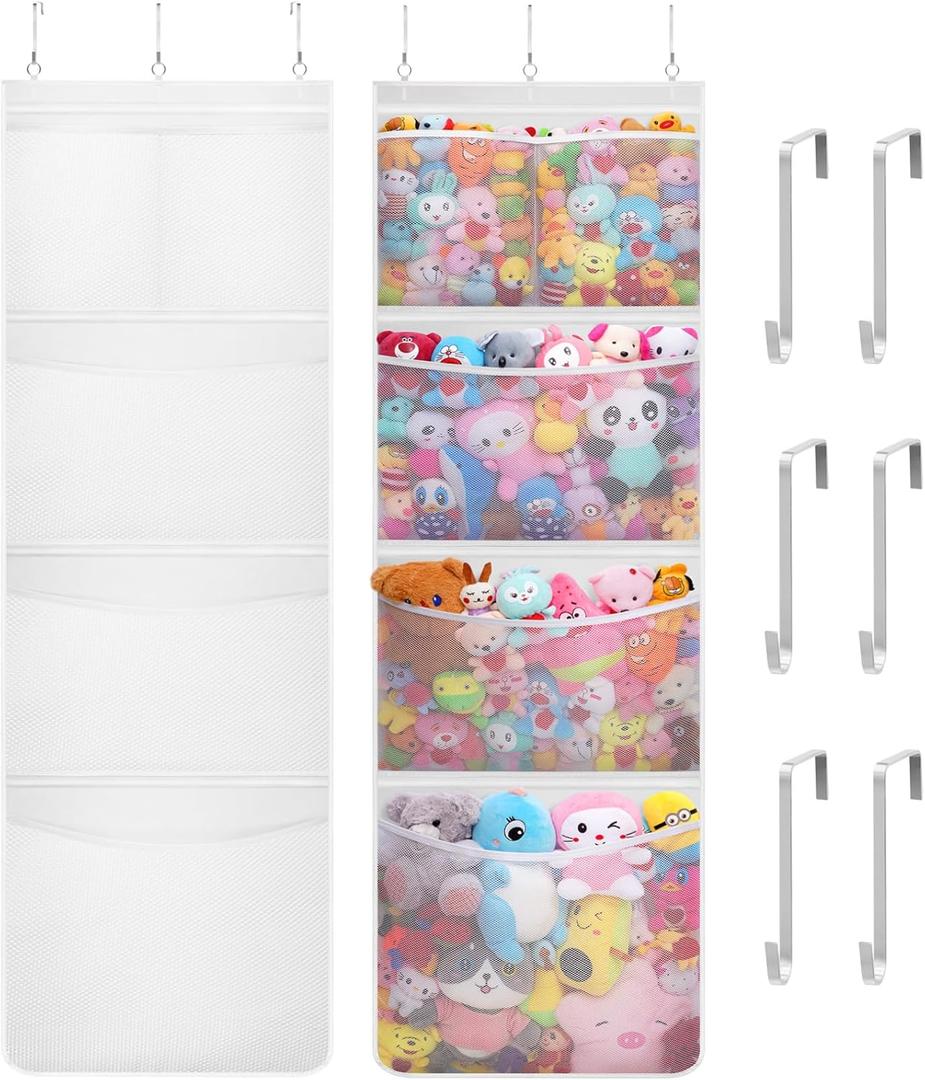 Lifewit Stuffed Animal Storage, Over the Door Organizer with 5 Expandable Mesh Pockets, Breathable Oxford Fabric Hanging Kid Baby Plush Toy Holder for Nursery, 167 cm (65.8'') High, White, 2 Pack