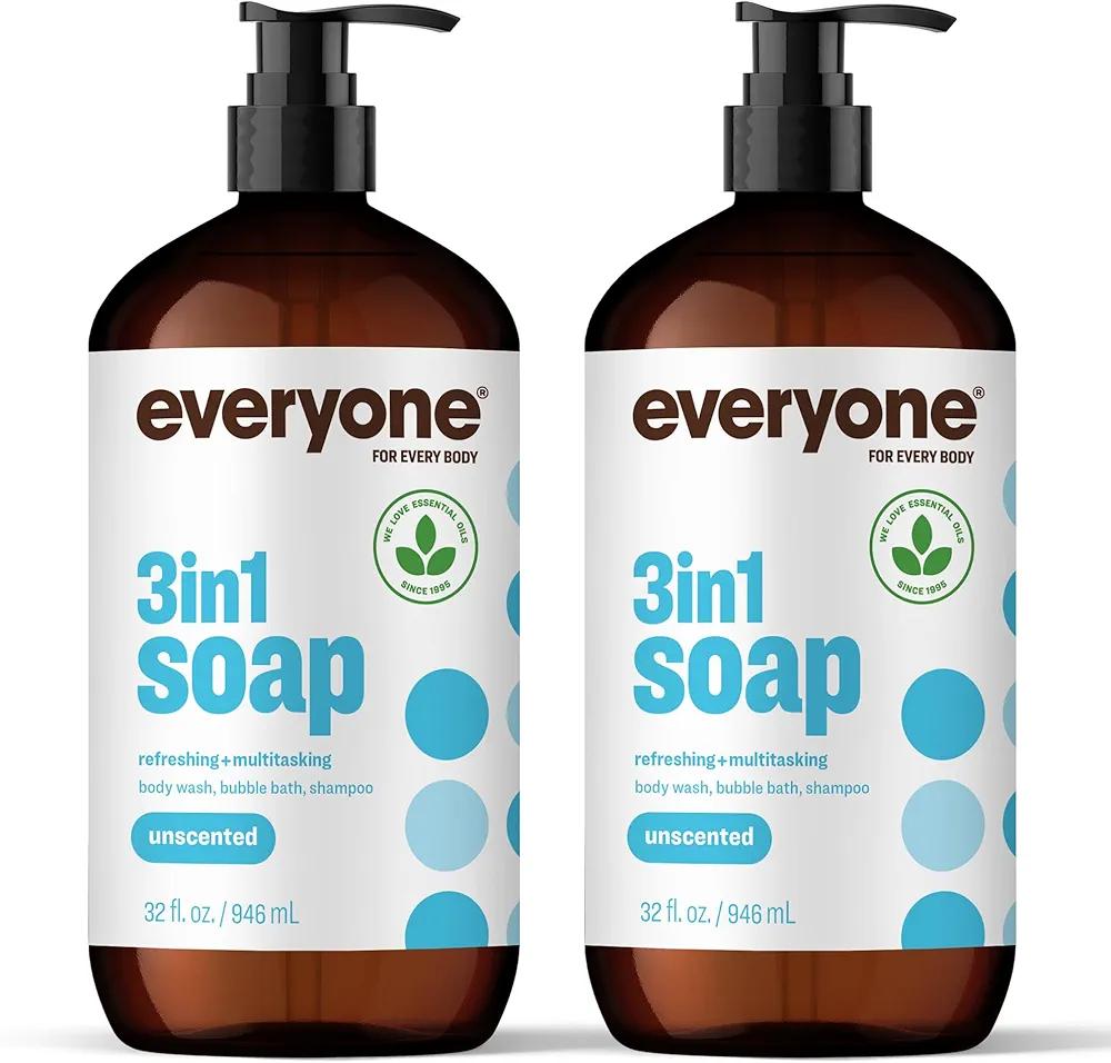 Everyone 3-in-1 Soap, Body Wash, Bubble Bath, Shampoo, 32 Ounce (Pack of 2), Unscented, made for Men and Women