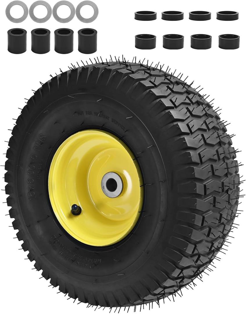 15x6.00-6 Lawn Mower Tires(Yellow Wheel)15x6-6 Front Tire Replacement for Craftsman/John Deere/Cub Cadet Riding Mowers,4 Ply Tubeless-3" Offset Hub,3/4" Bushing