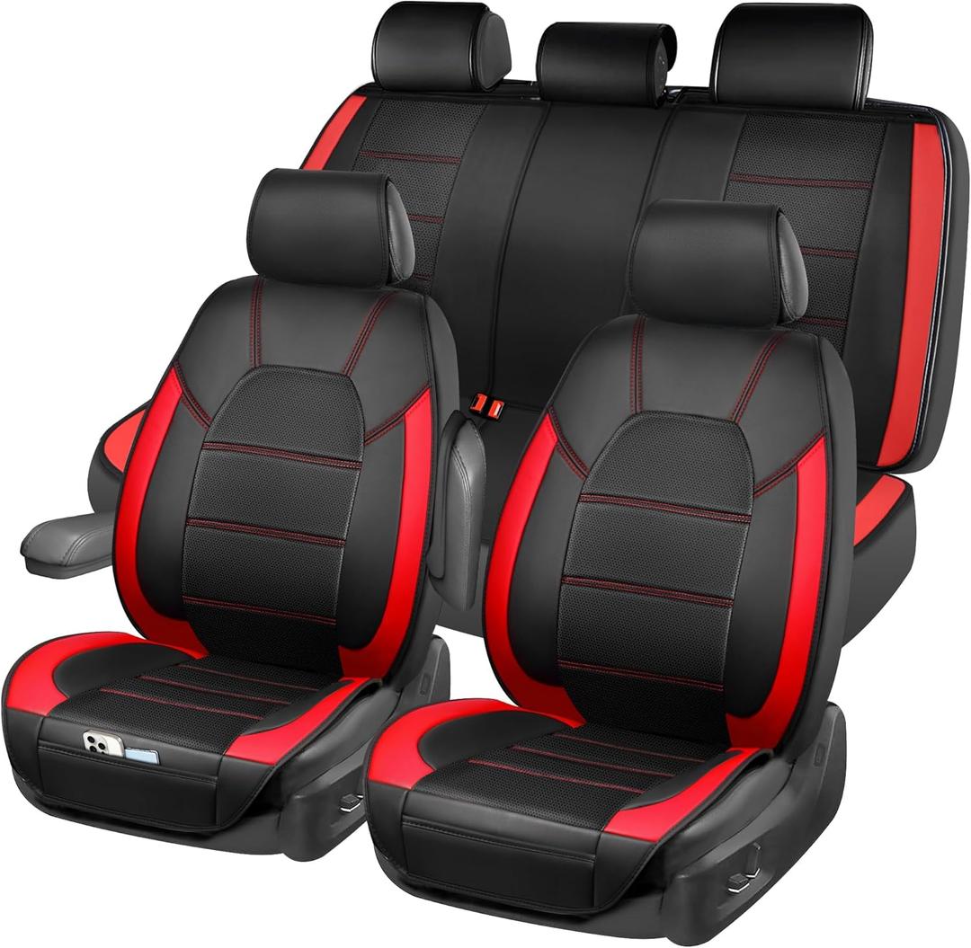 CAR PASS 5 Seats Leather Car Seat Covers, Sideless Car Seat Protectors with Storage Pocket, Water Resistance Seat Cover, Universal Fit Most Cars, SUVs, Trucks and Vans (Full Set,Black and Red) (Black and Red - Sideless)