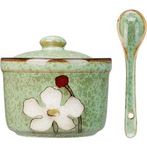 Handmade Ceramic Sugar Bowl with Lid and Spoon, 9oz Porcelain Condiment Jar with Hand-Painted Floral Design, Colorful Seasoning Container for Sugar, Salt, Spices Kitchen (Green)