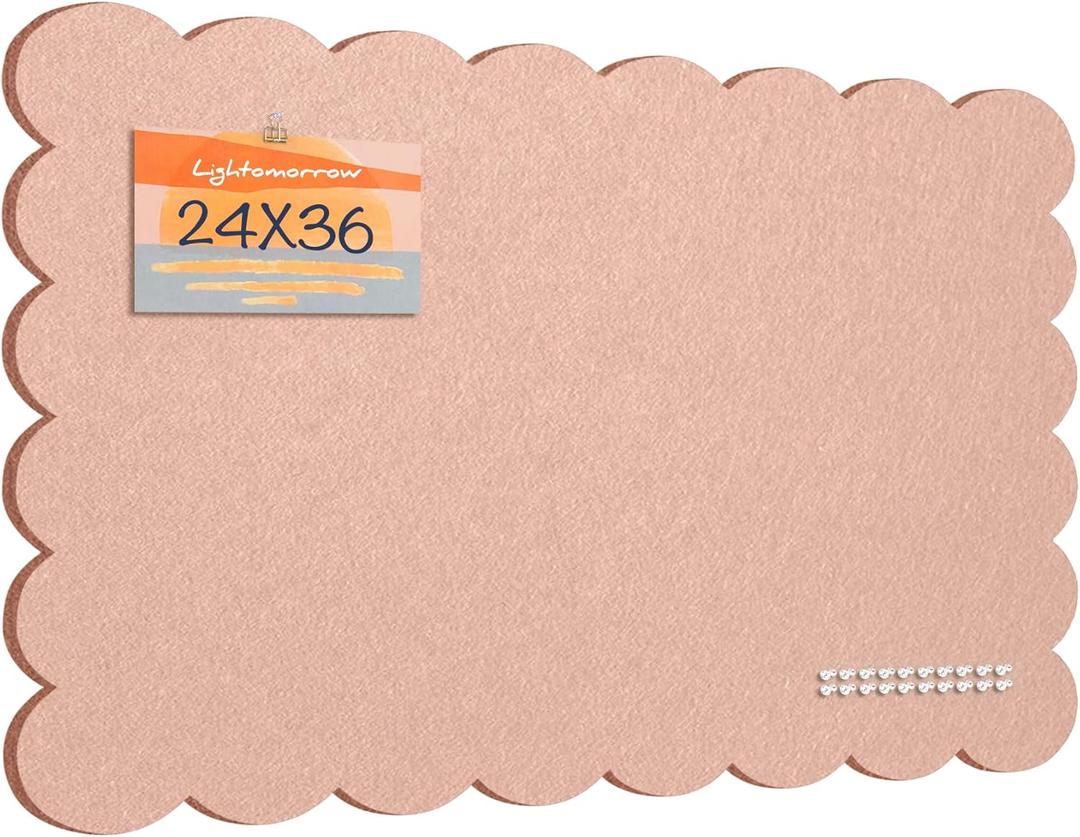 Lightomorrow Scalloped Bulletin Board, 36 x 24 Inches Felt Pin Board - Decorative Cork Alternative for Wall, Foldable Picture Self-Adhesive Vision Prayer Board with 20 Pushpins - Mauvey Pink