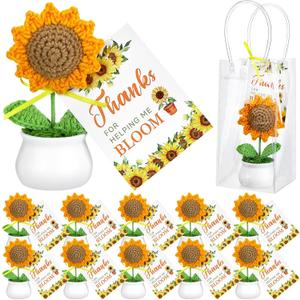 12 Sets Crochet Sunflower Potted Teacher Appreciation Gifts Back to School Gifts for Teacher Appreciation Gift Bulk Sunflower Crochet Dolls with Cards for Thank You Teachers Gift