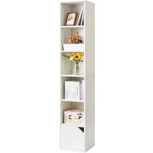 IBUYKE 6 Tier Narrow Bookcase with Doors, Cube CD DVD Storage Cabinet,Slim Media Tower Rack,Cabinet,White Bookcase Display Storage Shelves for Small Spaces,for Home Office White UWBC001W, Wood