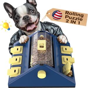 KADTC Paw-Activated Rolling Puzzle Game Toy Level 2 in 1 Puppy Treat Toys Large Capacity Slow Feeder Adjustable Interactive Food Dispenser for Small/Medium Dogs Brain Mental Stimulation Healthy Eating (Yellow Blue)
