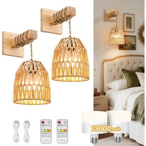Rattan Wall Sconce, Battery Operated Wall Sconce, Rechargeable Sconces Set of 2 with 13000mAh Bulbs, Boho Wireless Battery Powered Lamp/Lights for Bedroom (Wood)