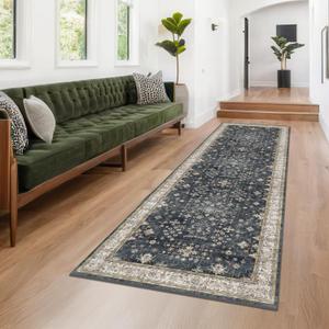 Hazo Haus Black Boho Washable 3x10 Extra Long Hallway Runner Rug, Waterproof Large Kitchen Floor Rug Indoor, Non-Slip Stain & Fade Resistant, Vintage Floral Decor (Ashen / Multi)