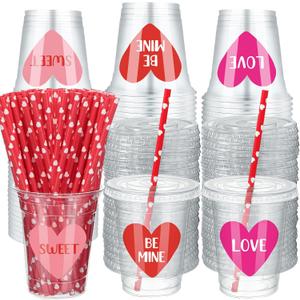 Patelai 90 Set 12 oz Valentine's Day Disposable Cups with Lids and Paper Straws Valentine's Day Plastic Clear Pink Red Heart Be Mine Love Cups for Beverage Snacks Coffee Hot Cold
