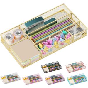 Desk Drawer Organizer Tray, Mesh Desk Organizer, Office Drawer Organizer, Desk Accessories & Workspace Organizers, Suitable for Tools, Pencils, Office Supplies Storage (Gold)