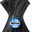 XINGO 1000 PCS Black Zip Ties 8 Inch, 60 LBS Tensile Strength, Self-Locking Nylon Plastic Nylon PA66 Wire Ties for Indoor and Outdoor Use