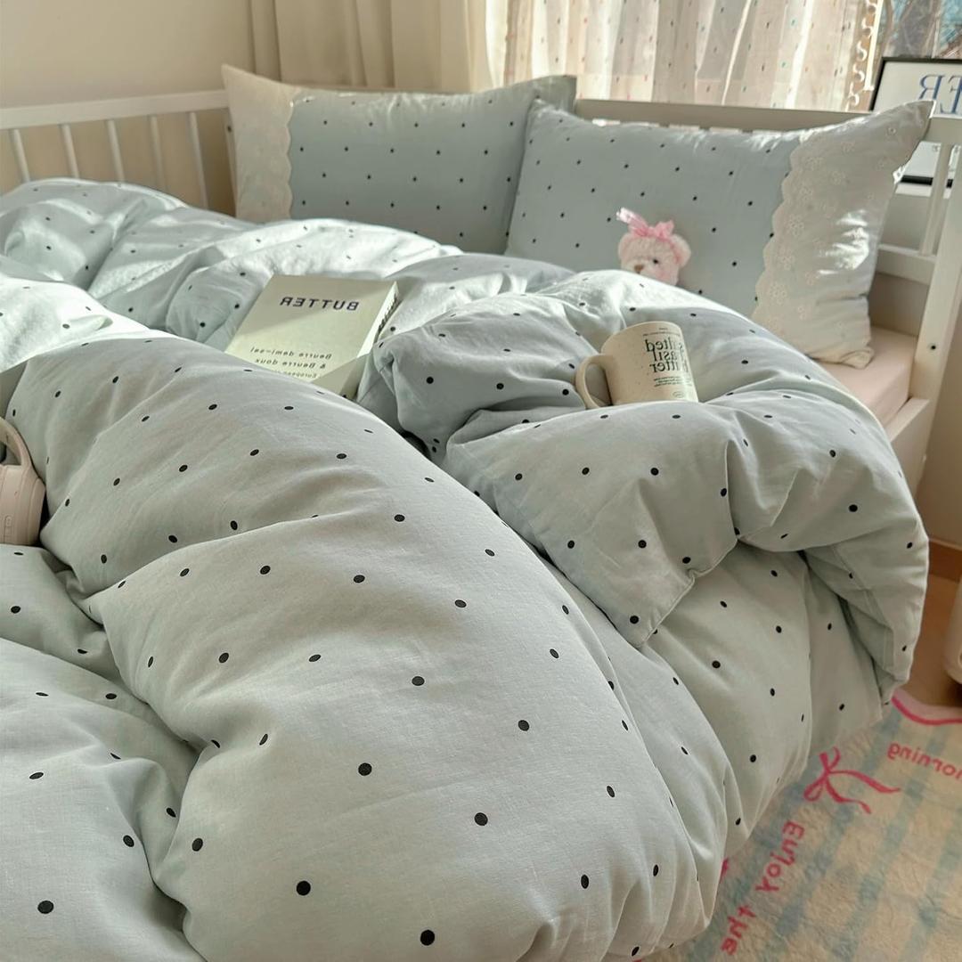 VM VOUGEMARKET Sage Green Bedding Set Twin 3 Pieces Black Dots Duvet Cover Set with Lace Edge-Soft Microfiber Princess Style Comforter Cover for Teen Girls-68x86 Inch (# Washed Micro 2)