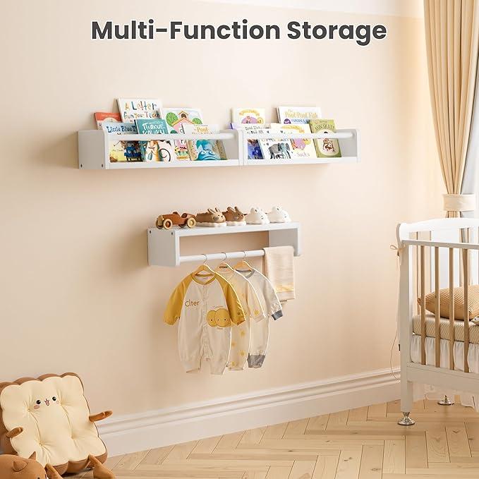 upsimples 3 Pack Nursery Book Shelves, 15.7 Inch Floating Bookshelves for Wall, Baby Nursery Decor, Small Solid Wood Wall Mounted Shelves for Baby Kids Boys Girls, White