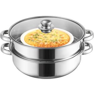 ZENFUN Steamer for Cooking, 2 Tier Stack and Steam Pot Set With Glass Lid, Stainless Steel Double Handle, 11 Inch (Thickened)