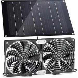 Solar Fan, 30W Solar Powered Fan with Two IPX7 Waterproof Fans for Outside Greenhouse Shed Chicken Coop, Exhaust Intake Mounting Way and Solar Exhaust Fan