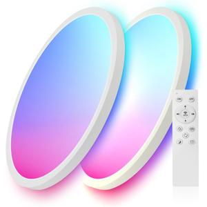 2 Pack 12 Inch Smart Ceiling Light Fixture, RGB LED Flush Mount Ceiling Light with Night Light, 24W 2400LM Ultra-Slim Ceiling Light with Remote, 16 Million DIY Colors, Works with Alexa/Google Home