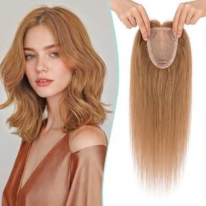 Benehair 100% Remy Human Hair Toppers for Women, 9 * 12CM Silk Base Hairpieces 150% Density for Thinning Hair Light Brown 14 Inch