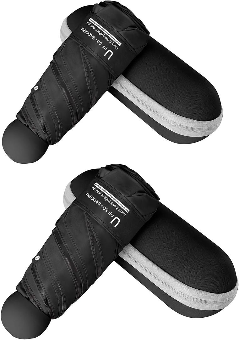 BAODINI Travel Mini Umbrella for Purse With Case Small Compact UV Sun Protection Lightweight Pocket Tiny Umbrella for Women Girls and Men (2 Pack Black)