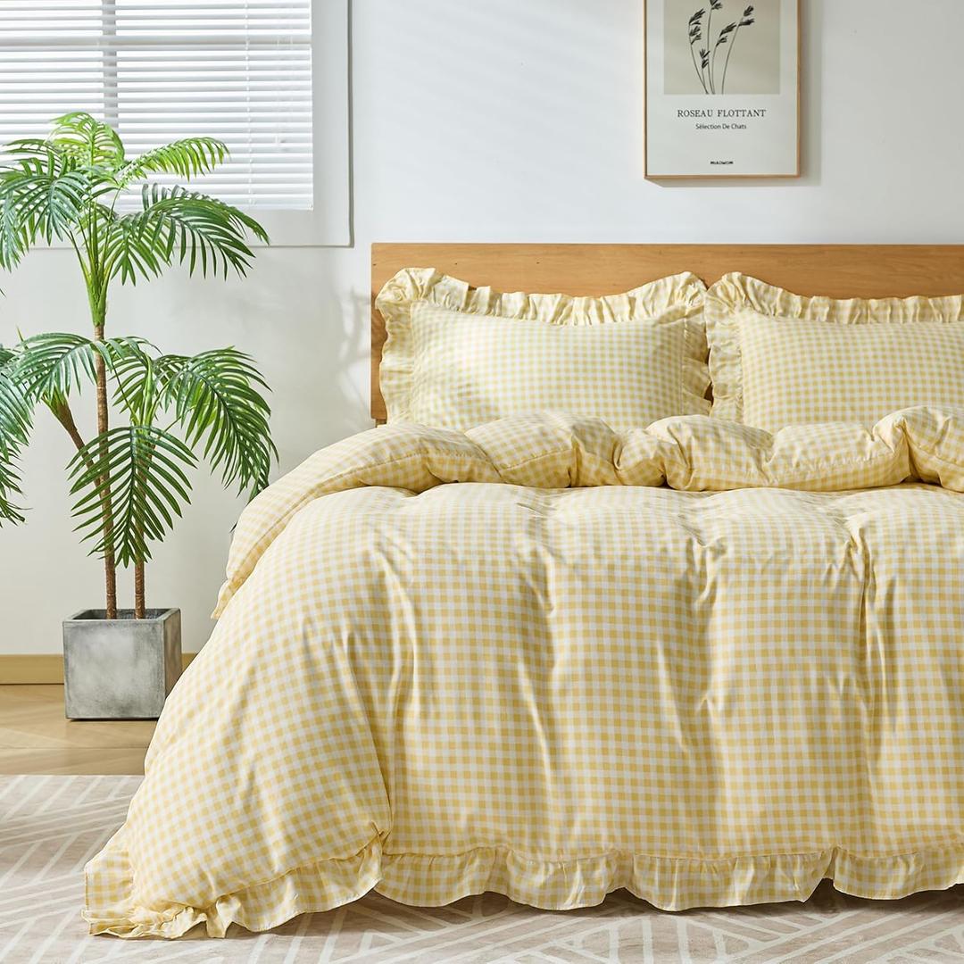 Gingham Duvet Cover King Size, 3 Pieces Soft Breathable Microfiber Plaid Comforter Cover with Zipper Closure & 2 Pillow Shams, Ruffle Farmhouse Vintage Decor, Yellow