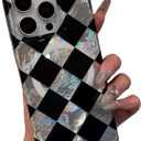 Checkered Magnetic Case for iPhone 15 Pro Max Compatible with Magsafe - Aesthetic Rectangular Diamond Checkerboard Pattern - Glossy Protective Phone Case Cover - Black/Iridescent Silver