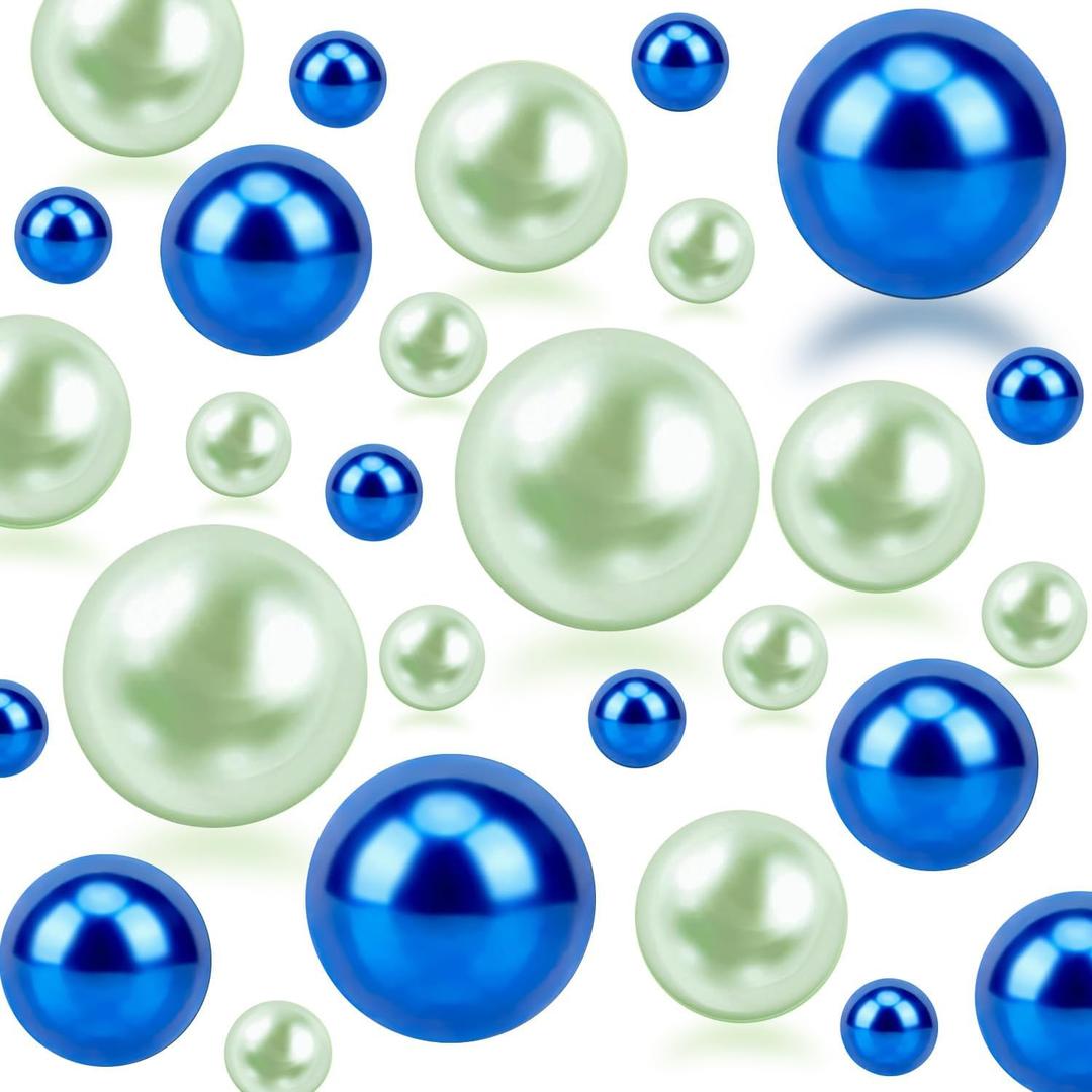 150Pcs Blue&Green Polished No Hole Faux Pearl Beads for Vase Filling Decorations, Plastic Pearls Vase Fillers, Table Scatters, Wedding Centerpiece, Home Decor, 8/14/20 mm