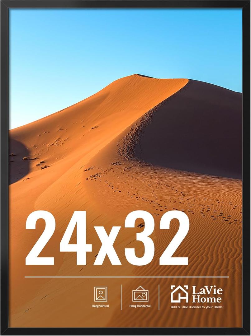 LaVie Home 24x32 Picture Frame for Wall Display, 24x32 Black Picture Frame with HD Plexiglas, 24 x 32 Poster Frame 1 Pack, Display Frame for Vertical or Horizontal, Classic Collection