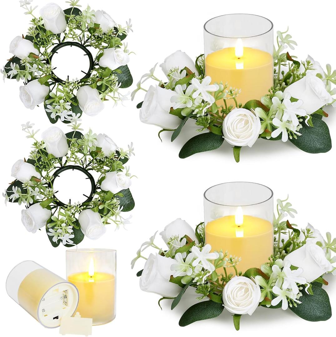 2 Sets Rose Candle Rings with LED Flameless Candles - 3 Inch Wedding Centerpiece Artificial Roses Eucalyptus Wreaths for Pillar Candleholders Wedding Banquet Decor, White