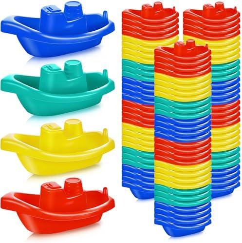 Woanger 100 Pcs Little Boat Bath Toys Stackable Floating Plastic Toys for Baby and Toddler Summer Pool and Bathtub Party, Vibrant, 4 Colors (Colorful)