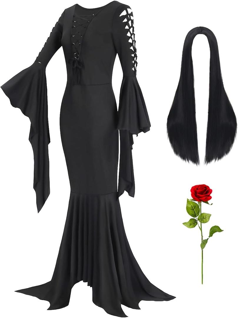 Adult Black Gothic Dress for Women Halloween Costumes with Accessories for Vampire Witch Costume Dress Up (Medium)