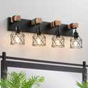 Farmhouse Vanity Light Fixture,4-Light Bathroom Lighting,Black Industrial Wood Wall Light Over Mirror with Metal Shade, LED Bulbs Not Included