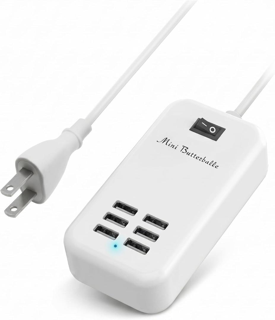 6 Port USB Charging Station, Multi Device USB Charger Hub with ON/Off Power Switch, 5ft Long Cord, Universal Fast Charging Adapter for Cell Phones, Tablets, 5V DC Electronic Devices (white)