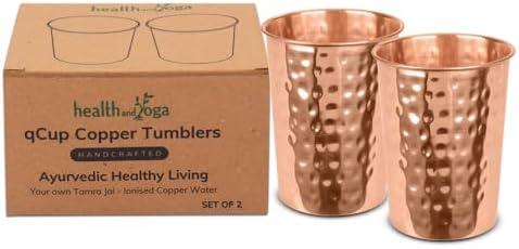 HealthAndYoga™ qCup Pure Copper Tumblers for Drinking - Ayurvedic Health Pure Copper Cups – 2 pcs. set - 250 ml.(8 fl oz) (Hammered)
