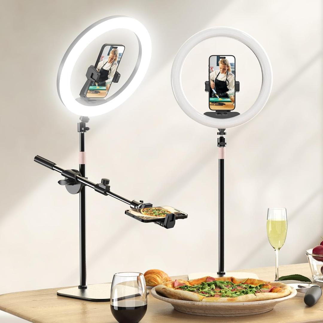 UBeesize 12" Desk Ring Light with Stand and Phone Holder, Overhead Phone Mount for Video Recording, Zoom Meeting, Live Streaming, Tiktok, YouTube Compatible with iPhone, Android, Cameras
