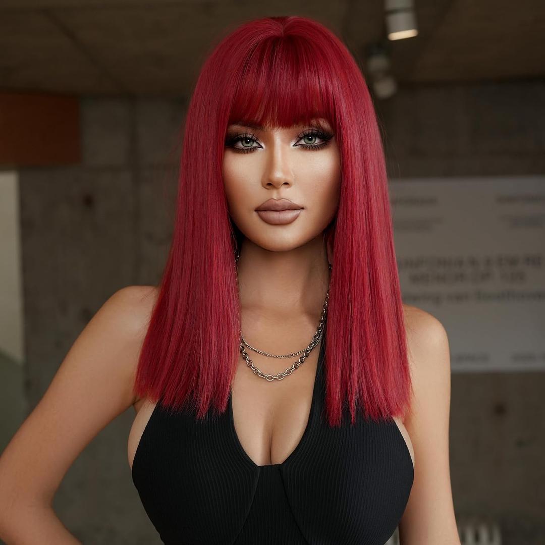 PARK YUN 18 Inch Straight Red Bob Blunt Cut Wig with Full Bangs Deep Wine Red Synthetic Wig for Women Natural Looking Heat Resistant Fiber Daily Used Wearing