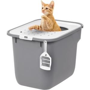 IRIS USA Cat Litter Box, Large Cat Box Enclosure, Top Entry with Litter Catching Lid, Enclosed with Scoop, Gray/White, 20.5"L x 14.75"W x 14.5"H