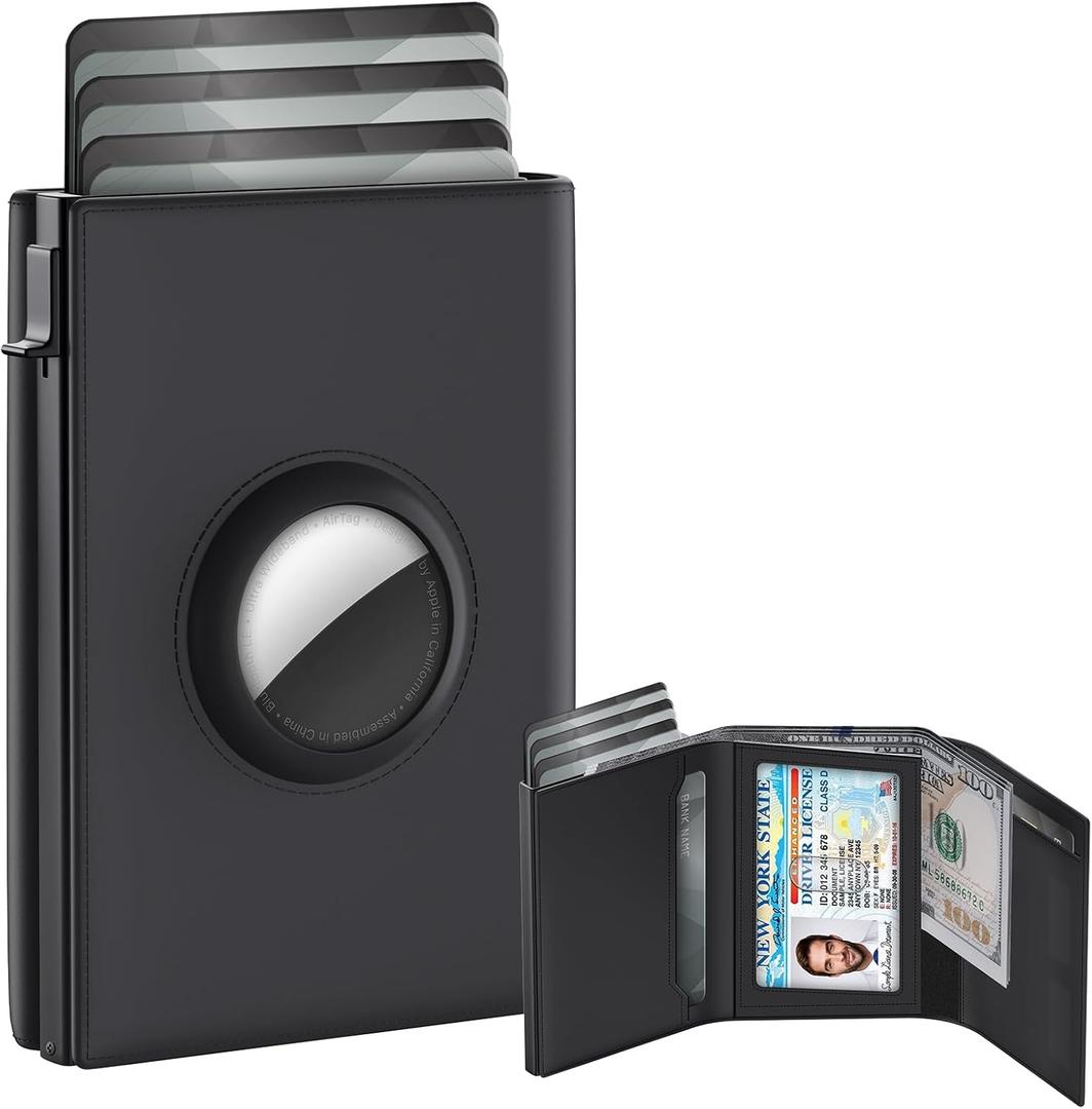 GAOCHALE AirTag Wallet [Top Grain Leather] Smart Pop Up Air Tag Wallet [Quick Access] RFID Blocking Minimalist Wallet for Men Up to 11+ Cards (AirTag Not included)(Black)