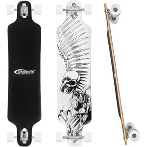 Nattork Longboard Skateboard Complete 8 Ply Canadian Hard Maple for Commuting, Carving & Downhill Riding with T-Tool, Made for Adults, Teens and Kids (42"- Skeletal Bird)